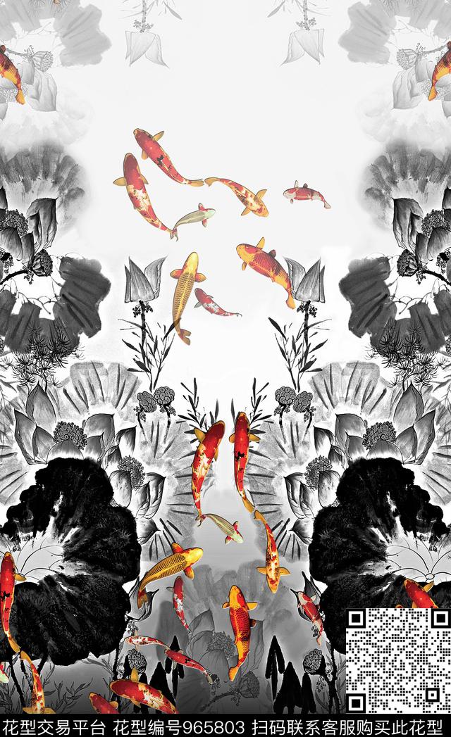 定位花荷花鲤鱼中国风数码印花华亿平台下载（图片编号: 965803） - 瓦栏（Walan）