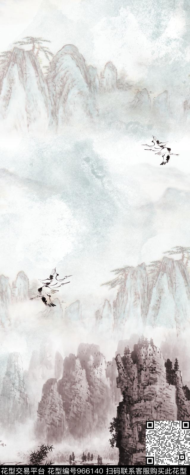 泼墨中国风仙鹤数码印花华亿平台下载（图片编号: 966140） - 瓦栏（Walan）