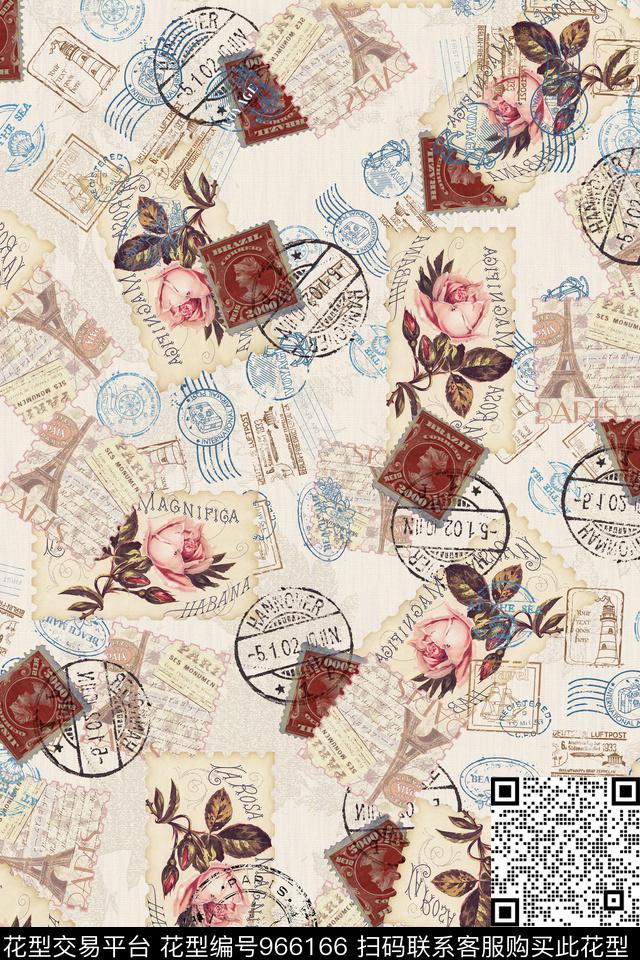 邮票字母花卉数码印花华亿平台下载（图片编号: 966166） - 瓦栏（Walan）