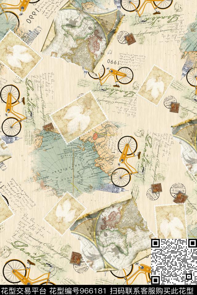 邮票地图自行车数码印花华亿平台下载（图片编号: 966181） - 瓦栏（Walan）