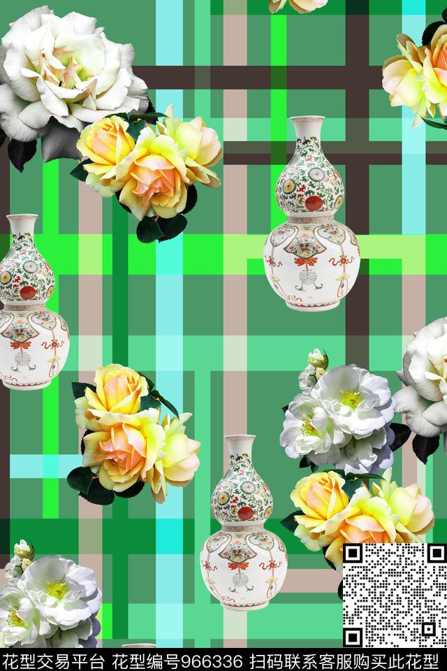 条纹玫瑰花花卉数码印花华亿平台下载（图片编号: 966336） - 瓦栏（Walan）