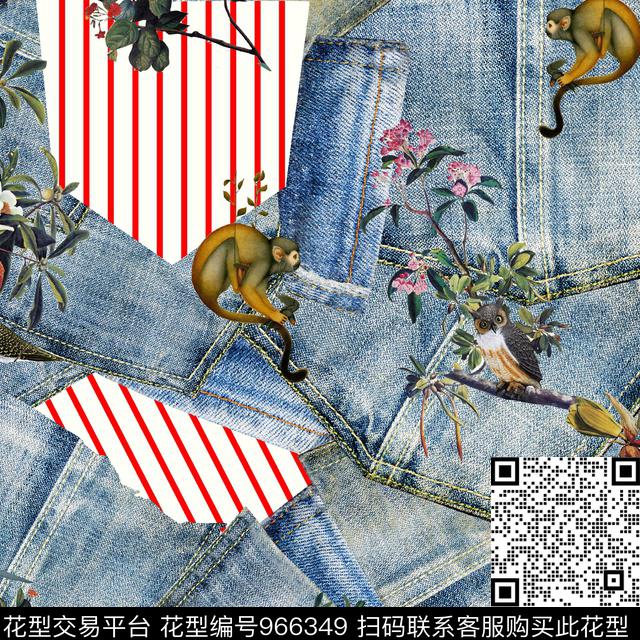 牛仔趣味猴子数码印花华亿平台下载（图片编号: 966349） - 瓦栏（Walan）