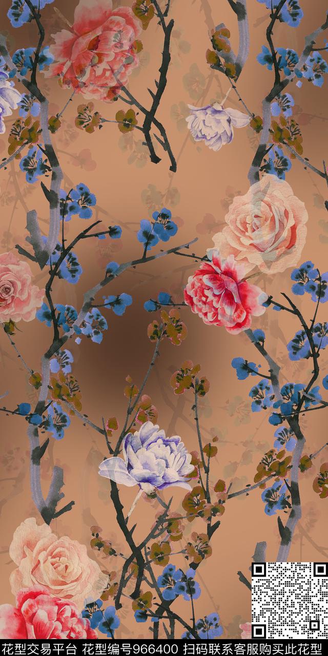 手绘花卉水墨风香云纱数码印花华亿平台下载（图片编号: 966400） - 瓦栏（Walan）