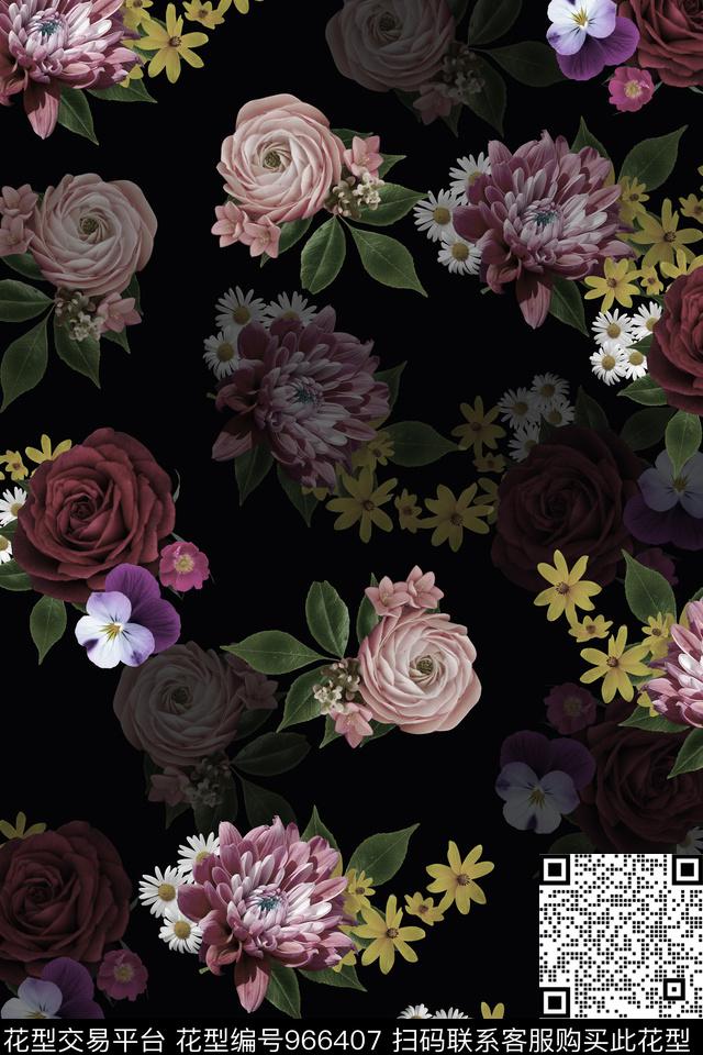 小碎花玫瑰花小雏菊数码印花华亿平台下载（图片编号: 966407） - 瓦栏（Walan）