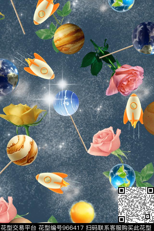 火箭玫瑰花星空数码印花华亿平台下载（图片编号: 966417） - 瓦栏（Walan）