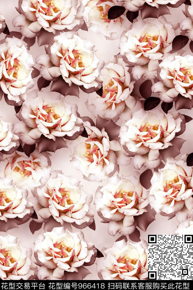 花卉玫瑰花复古风数码印花华亿平台下载（图片编号: 966418） - 瓦栏（Walan）
