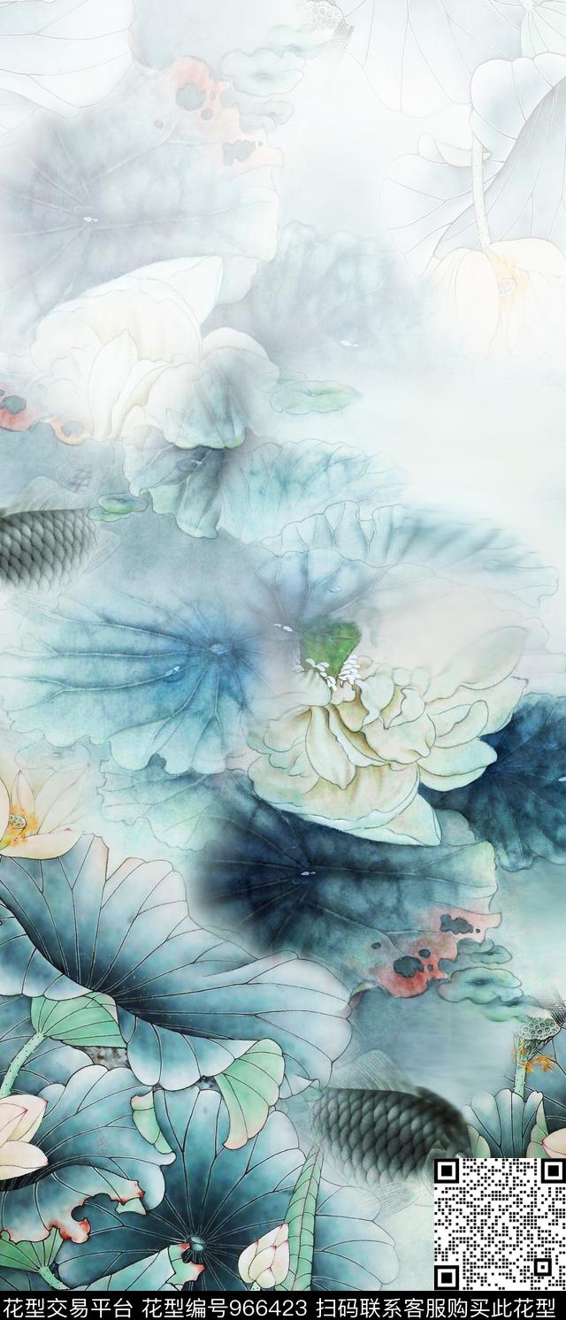 肌理手绘花卉水墨风数码印花华亿平台下载（图片编号: 966423） - 瓦栏（Walan）