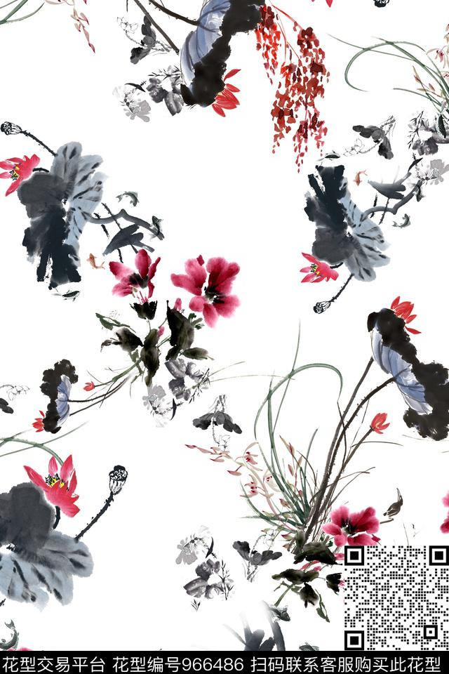 泼墨水墨风手绘大花数码印花华亿平台下载（图片编号: 966486） - 瓦栏（Walan）