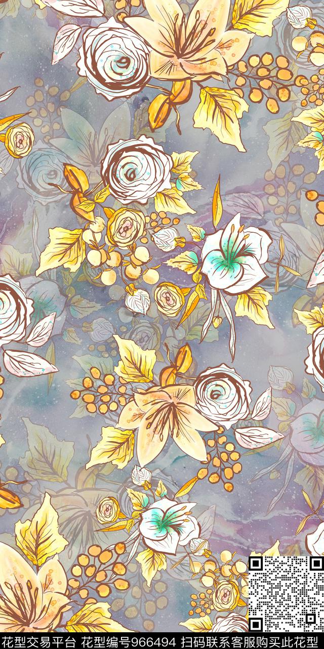 小碎花手绘花卉满版散花数码印花华亿平台下载（图片编号: 966494） - 瓦栏（Walan）