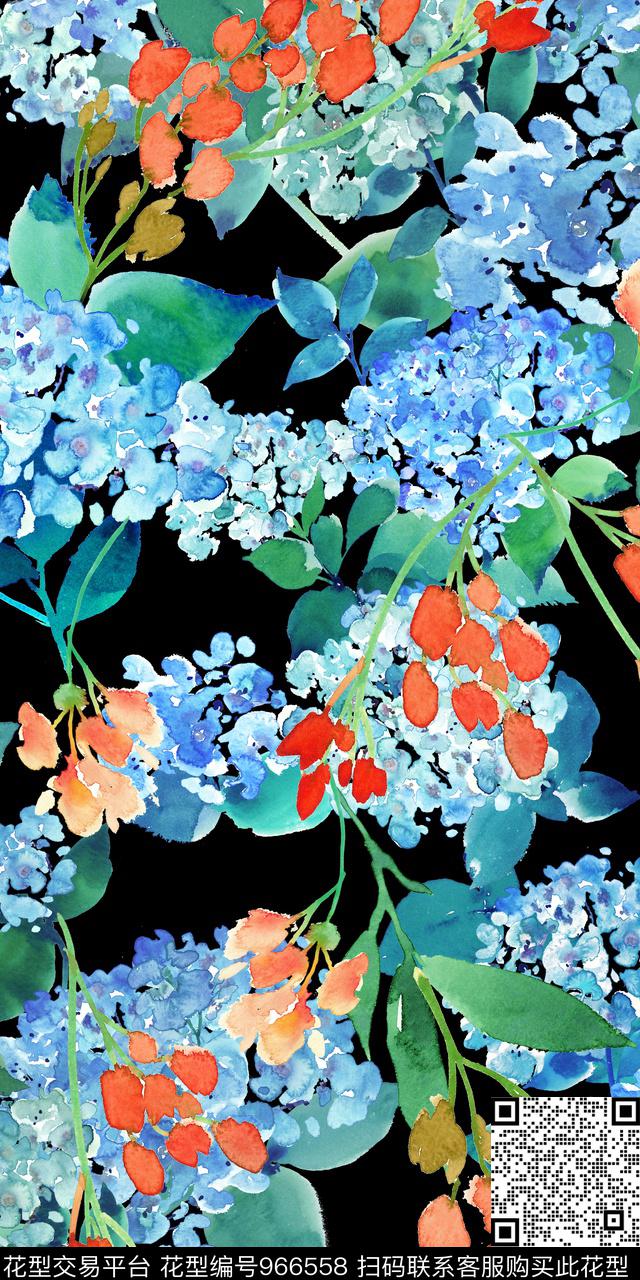 小碎花绣球花手绘花卉数码印花华亿平台下载（图片编号: 966558） - 瓦栏（Walan）