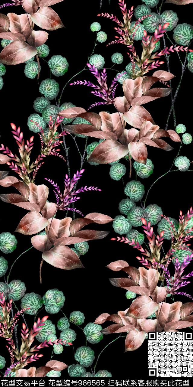 趣味手绘叶子手绘花枝数码印花华亿平台下载（图片编号: 966565） - 瓦栏（Walan）