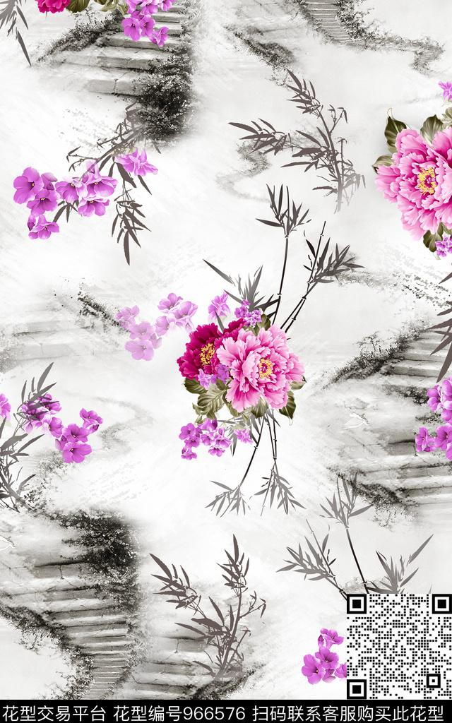 泼墨中国风水墨风数码印花华亿平台下载（图片编号: 966576） - 瓦栏（Walan）