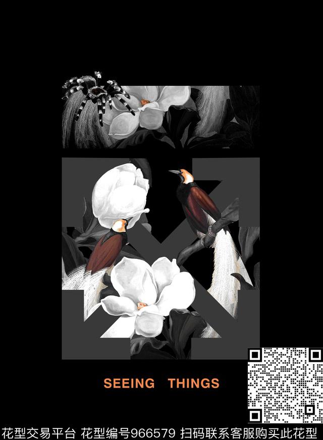 玉兰花蜘蛛鸟数码印花华亿平台下载（图片编号: 966579） - 瓦栏（Walan）