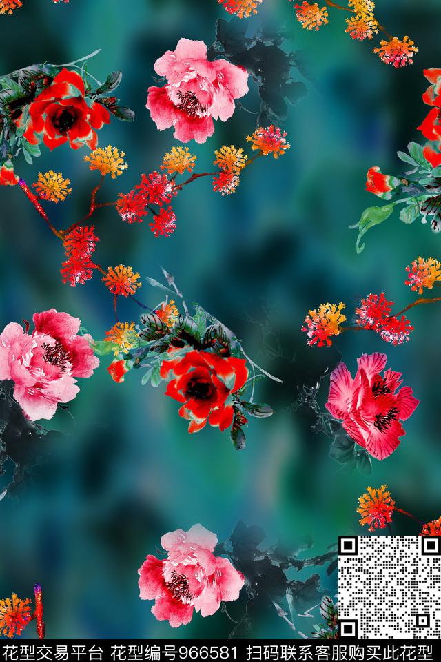 肌理手绘花卉花卉数码印花华亿平台下载（图片编号: 966581） - 瓦栏（Walan）