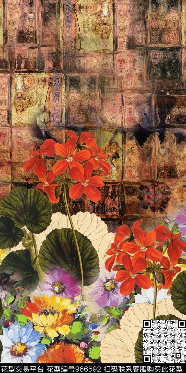 抽象花卉定位花数码印花华亿平台下载（图片编号: 966592） - 瓦栏（Walan）