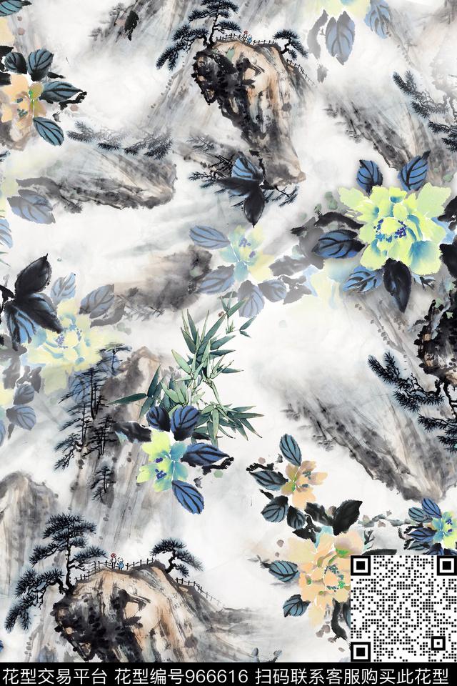 泼墨水彩花卉水墨风数码印花华亿平台下载（图片编号: 966616） - 瓦栏（Walan）