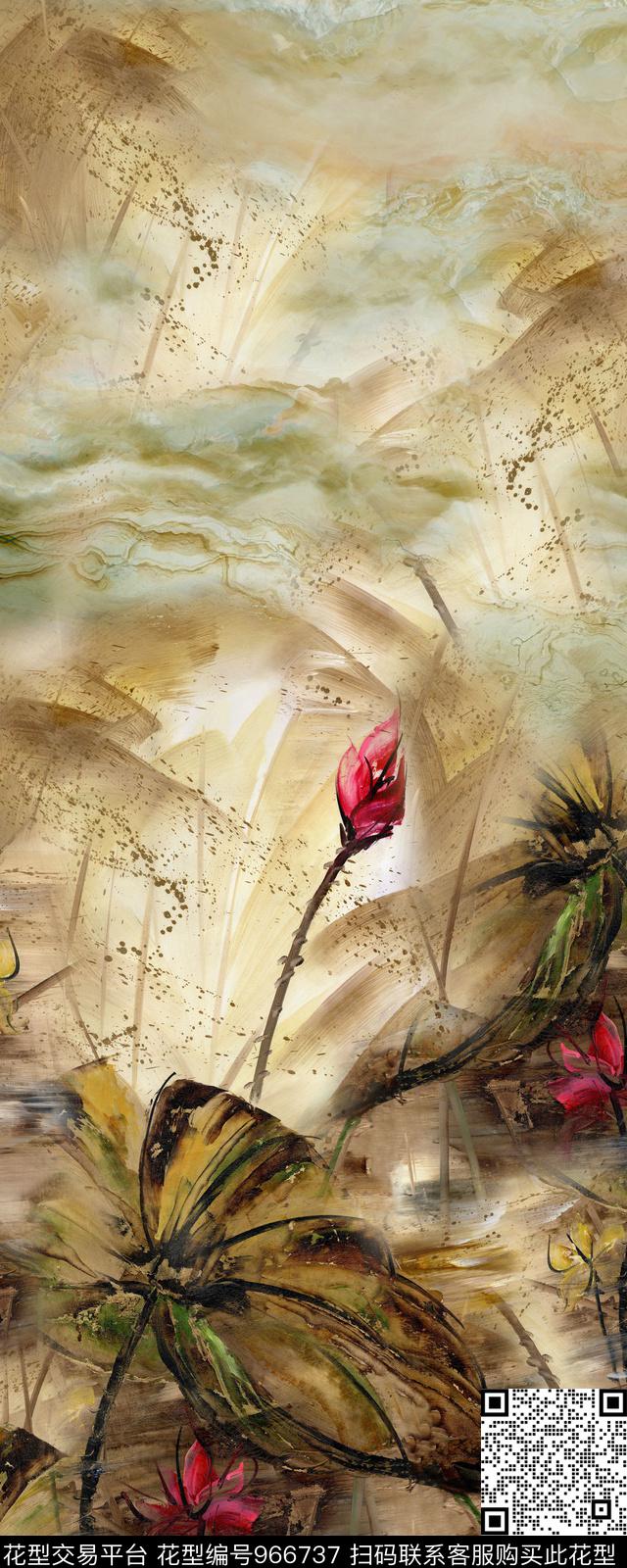 肌理手绘花卉水墨风数码印花华亿平台下载（图片编号: 966737） - 瓦栏（Walan）