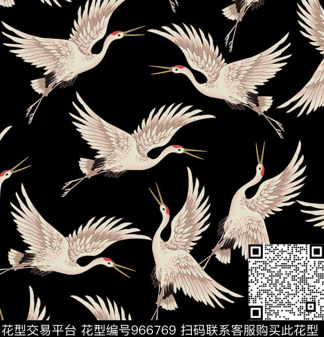 飞鹤仙鹤鸟传统印花华亿平台下载（图片编号: 966769） - 瓦栏（Walan）