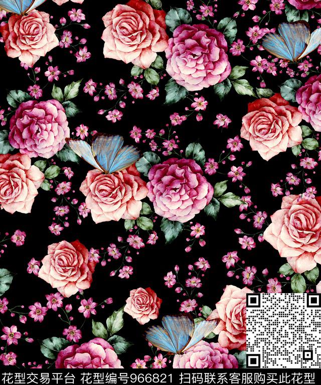 手绘花卉花卉蝴蝶数码印花华亿平台下载（图片编号: 966821） - 瓦栏（Walan）
