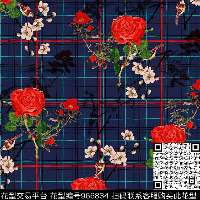 手绘玫瑰格子桃花数码印花华亿平台下载（图片编号: 966834） - 瓦栏（Walan）