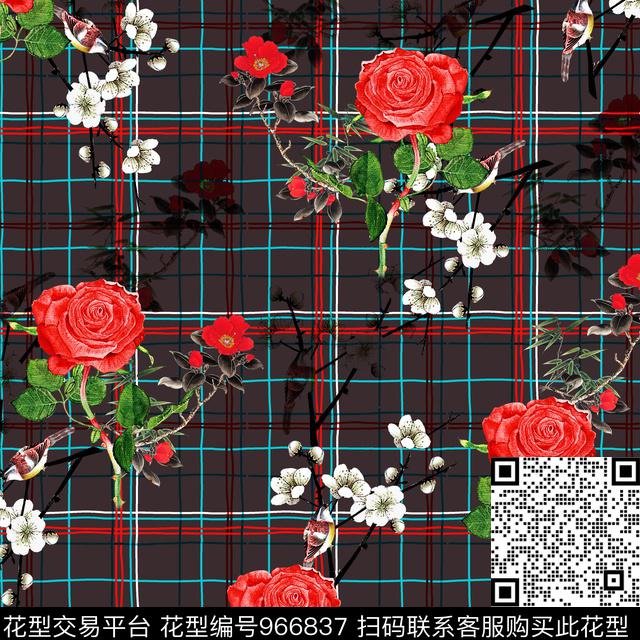 手绘玫瑰格子桃花数码印花华亿平台下载（图片编号: 966837） - 瓦栏（Walan）
