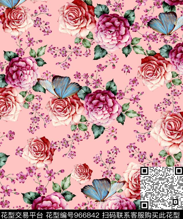 手绘花卉花卉蝴蝶数码印花华亿平台下载（图片编号: 966842） - 瓦栏（Walan）