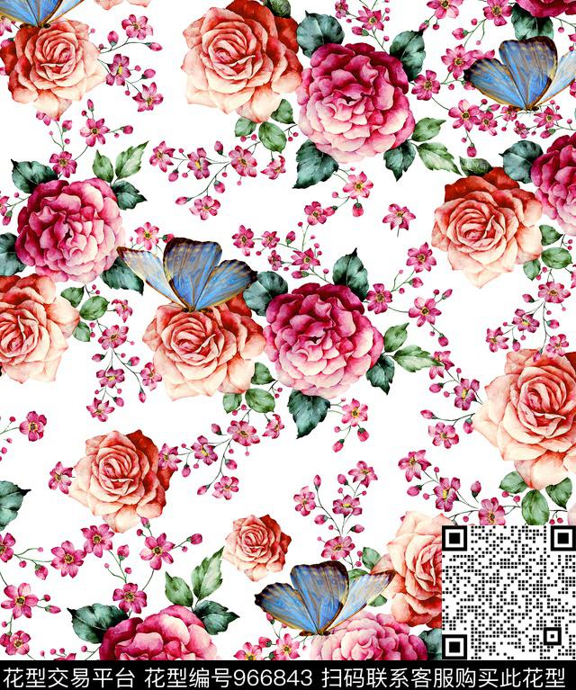 手绘花卉花卉蝴蝶数码印花华亿平台下载（图片编号: 966843） - 瓦栏（Walan）