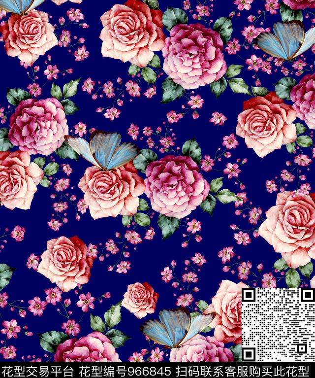 手绘花卉花卉蝴蝶数码印花华亿平台下载（图片编号: 966845） - 瓦栏（Walan）