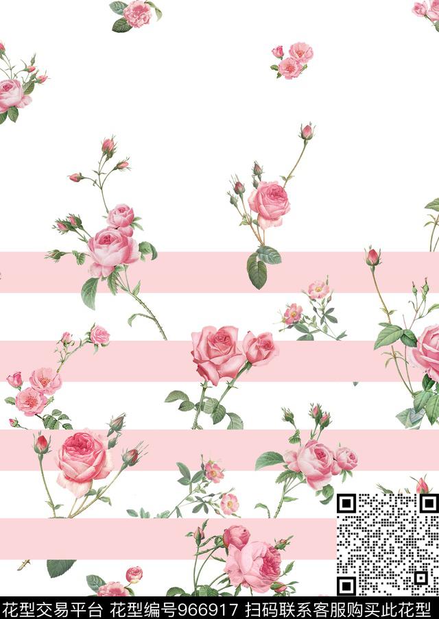 条纹彩底花卉花卉数码印花华亿平台下载（图片编号: 966917） - 瓦栏（Walan）