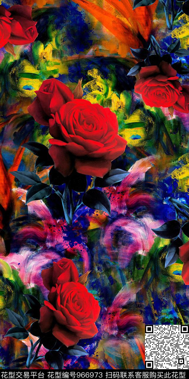 手绘花卉玫瑰花真丝数码印花华亿平台下载（图片编号: 966973） - 瓦栏（Walan）