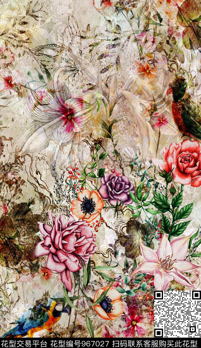 植物定位花花纹数码印花华亿平台下载（图片编号: 967027） - 瓦栏（Walan）