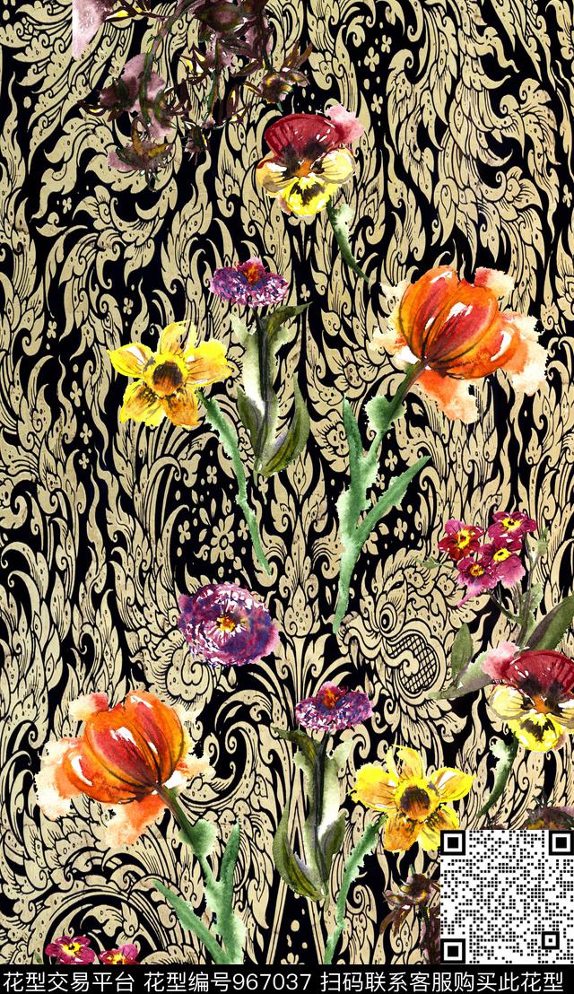 花卉花纹水彩花卉数码印花华亿平台下载（图片编号: 967037） - 瓦栏（Walan）