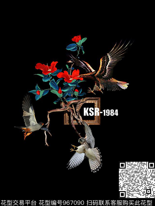 老鹰鸟花卉数码印花华亿平台下载（图片编号: 967090） - 瓦栏（Walan）