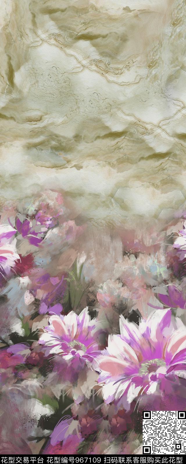 肌理手绘花卉水墨风数码印花华亿平台下载（图片编号: 967109） - 瓦栏（Walan）
