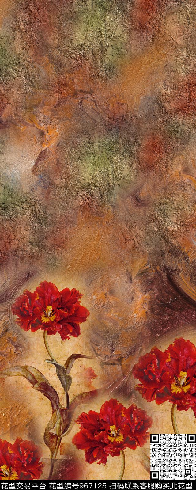 肌理手绘花卉水墨风数码印花华亿平台下载（图片编号: 967125） - 瓦栏（Walan）