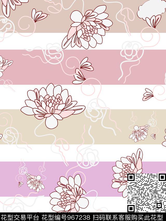 条纹清爽底花卉简约线条花传统印花华亿平台下载（图片编号: 967238） - 瓦栏（Walan）