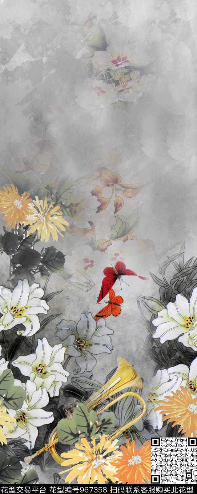 肌理手绘花卉水墨风数码印花华亿平台下载（图片编号: 967358） - 瓦栏（Walan）