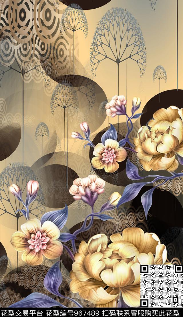 花卉手绘花卉植物数码印花华亿平台下载（图片编号: 967489） - 瓦栏（Walan）