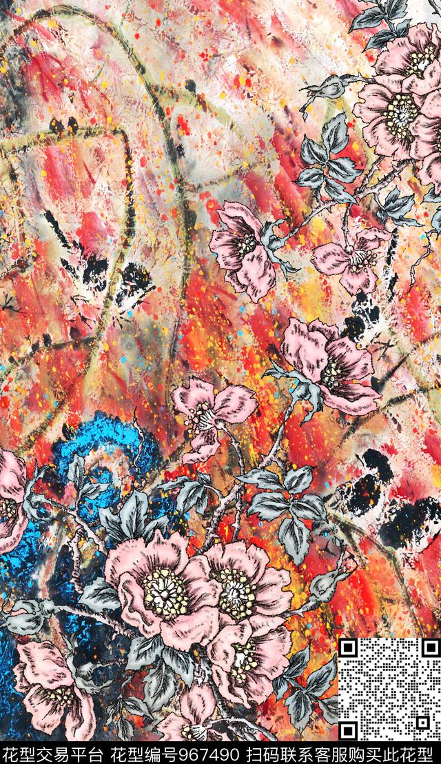 花卉手绘花卉植物数码印花华亿平台下载（图片编号: 967490） - 瓦栏（Walan）