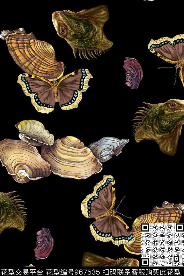 蜥蜴蝴蝶贝壳数码印花华亿平台下载（图片编号: 967535） - 瓦栏（Walan）