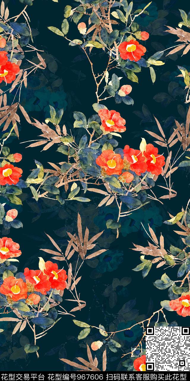 香云纱竹子国画数码印花华亿平台下载（图片编号: 967606） - 瓦栏（Walan）