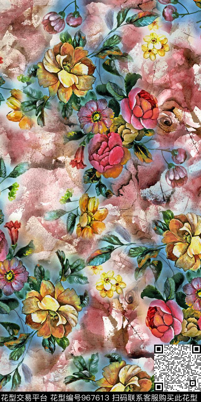 小碎花手绘花卉抽象数码印花华亿平台下载（图片编号: 967613） - 瓦栏（Walan）