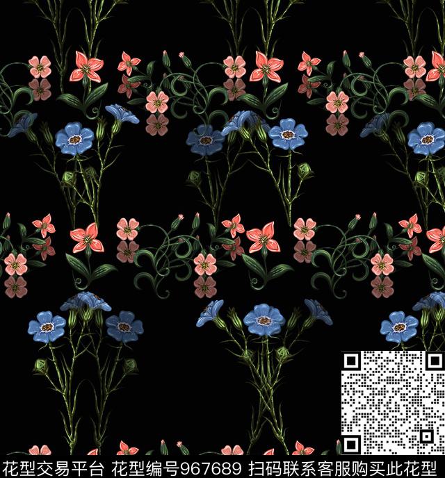 黑底花卉花卉定位花数码印花华亿平台下载（图片编号: 967689） - 瓦栏（Walan）