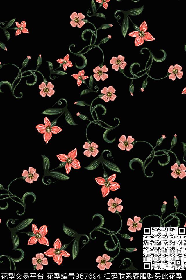 手绘花卉绿植树叶缠绕传统印花华亿平台下载（图片编号: 967694） - 瓦栏（Walan）