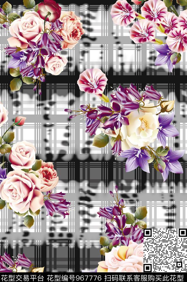 素雅黑白条纹鲜花数码印花华亿平台下载（图片编号: 967776） - 瓦栏（Walan）