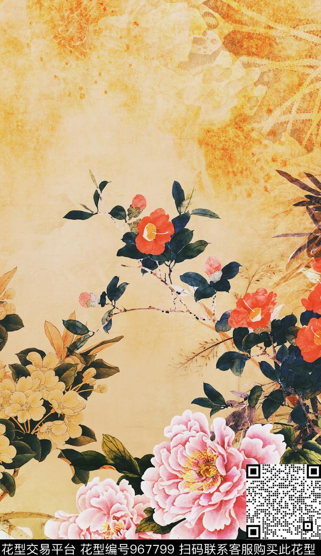 抽象花卉牡丹旗袍数码印花华亿平台下载（图片编号: 967799） - 瓦栏（Walan）