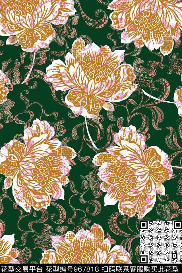 春夏华亿平台花卉简单花卉数码印花华亿平台下载（图片编号: 967818） - 瓦栏（Walan）
