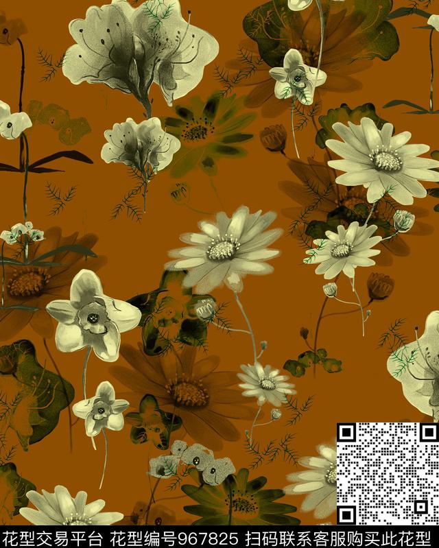 向日葵花卉水墨风数码印花华亿平台下载（图片编号: 967825） - 瓦栏（Walan）