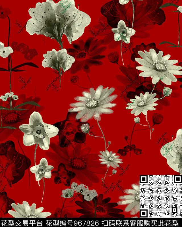 向日葵花卉水墨风数码印花华亿平台下载（图片编号: 967826） - 瓦栏（Walan）