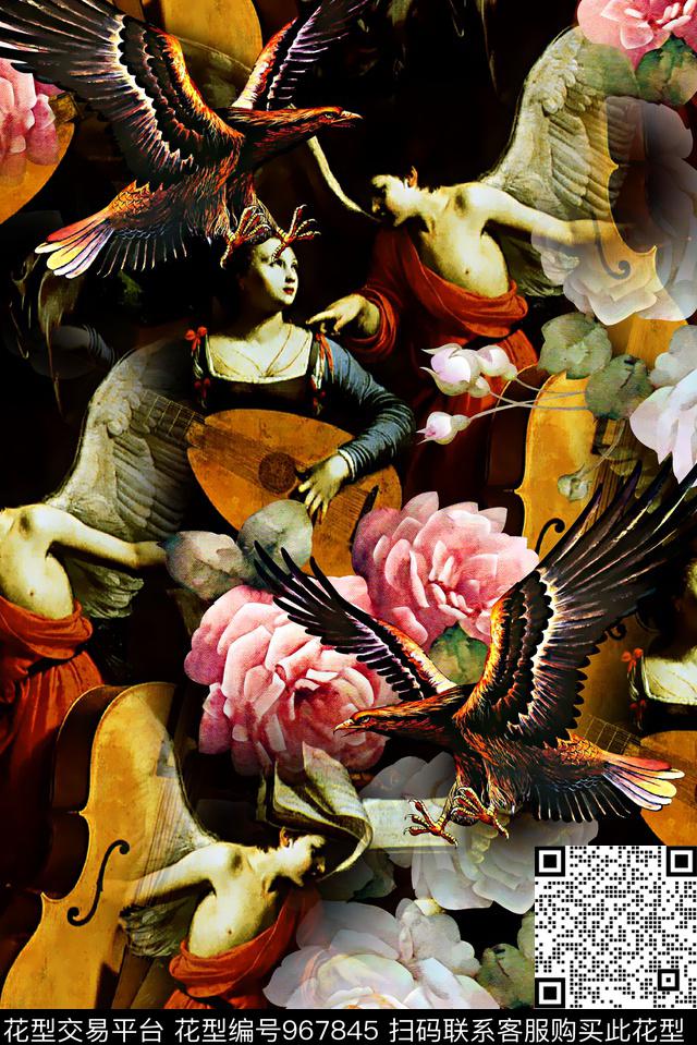 花卉小提琴老鹰鸟数码印花华亿平台下载（图片编号: 967845） - 瓦栏（Walan）